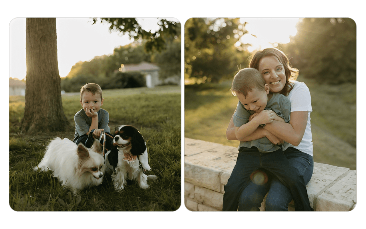 Children playing outdoors with dogs in a sunny park.